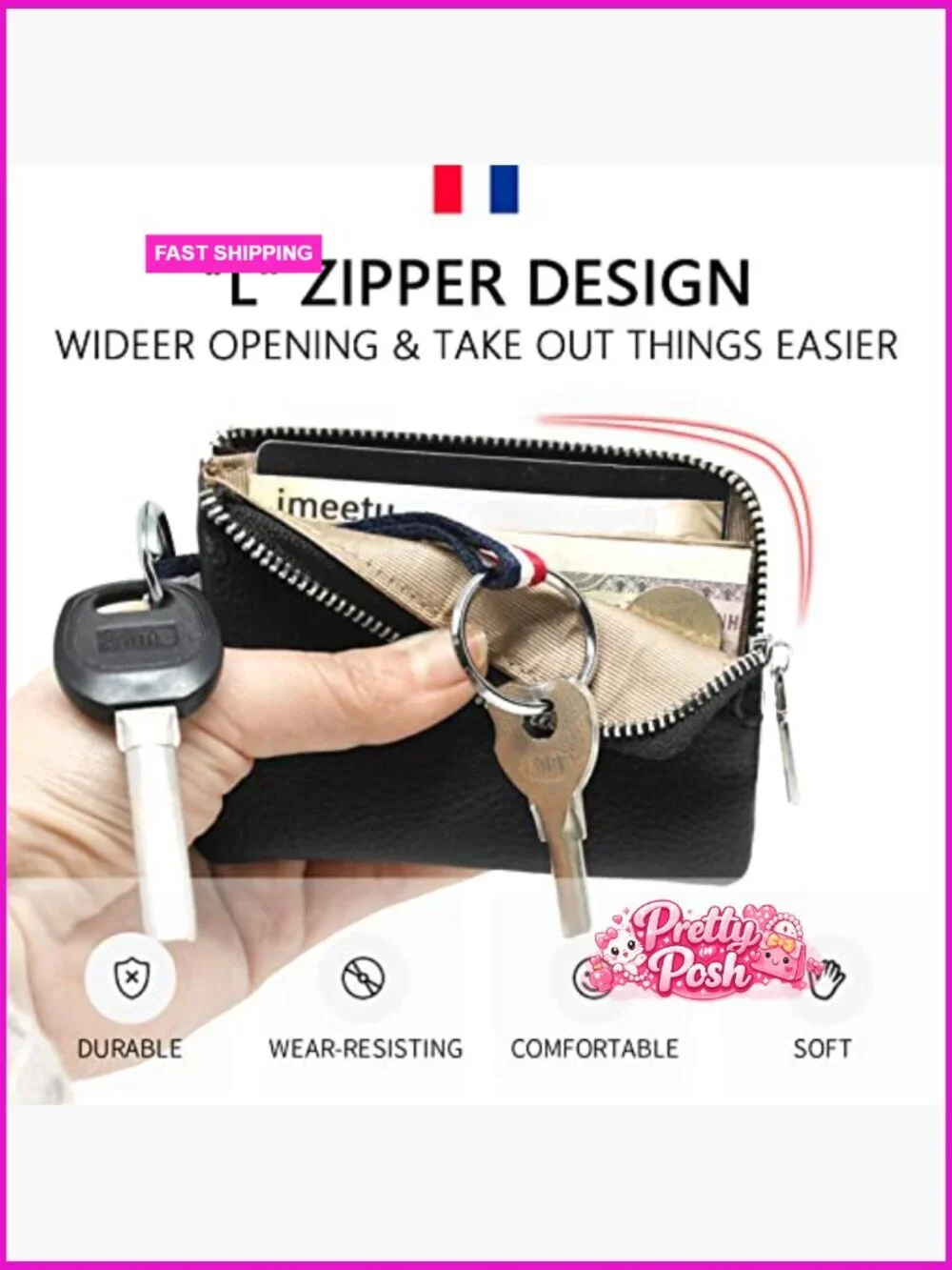 Genuine Cowhide Leather Coin Purse Wallet with Dual Keyrings